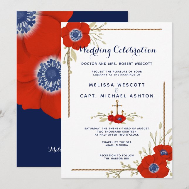 Formal Nautical Red White & Blue Anemone Wedding Invitation (Front/Back)