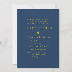Formal Navy and Gold Simple Wedding Invitation
