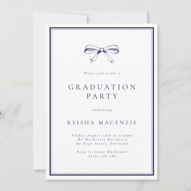Formal Navy Blue Bow Photo Graduation Party Invitation (Front)