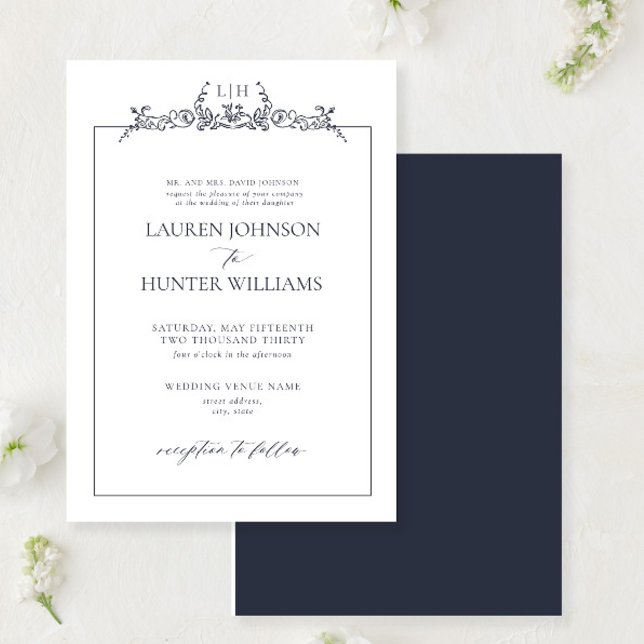 Formal Navy Blue Floral Border Monogram Wedding Invitation (Creator Uploaded)