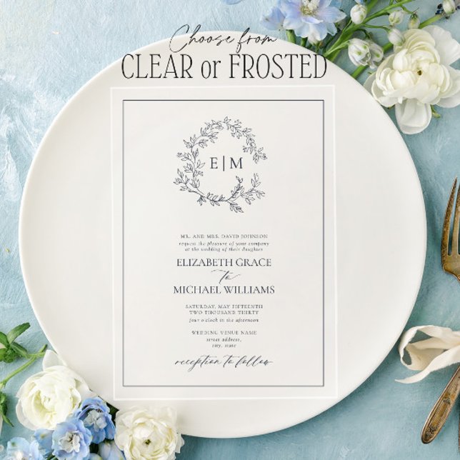 Formal Navy Blue Leafy Crest Monogram Wedding Acrylic Invitations (Creator Uploaded)