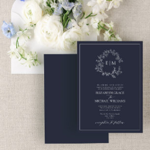 Formal Navy Blue Leafy Crest Monogram Wedding Invitation