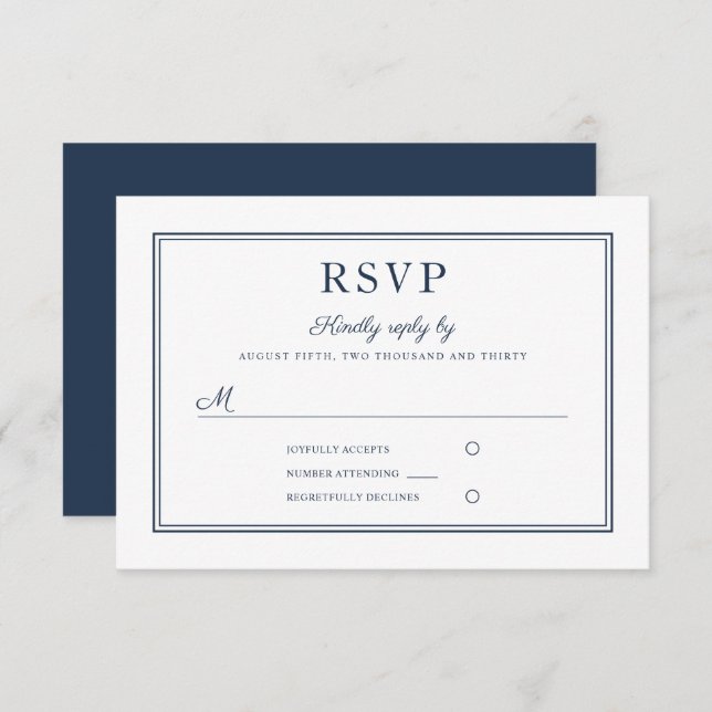 Formal Navy Blue Script Wedding RSVP Card (Front/Back)