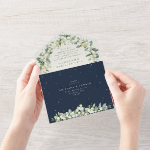 Formal Navy/Cream Snowberry+Eucalyptus Wedding All In One Invitation