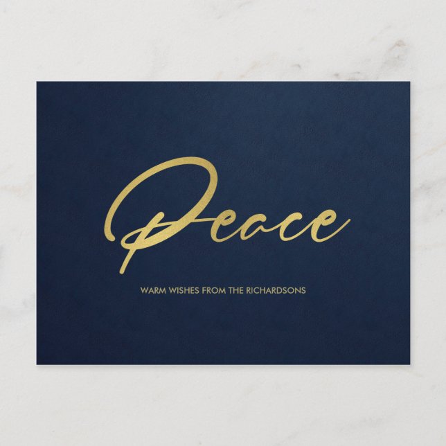 FORMAL NAVY FAUX GOLD  MINIMAL CALLIGRAPHY PEACE HOLIDAY POSTCARD (Front)
