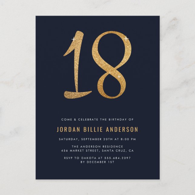 Formal Navy & Gold 18th Birthday Party Invitation (Front)