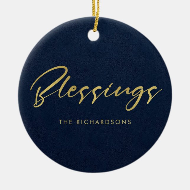 FORMAL NAVY GOLD MINIMAL CALLIGRAPHY BLESSINGS CERAMIC TREE DECORATION (Front)