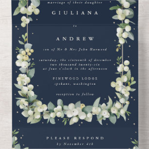 Formal Navy Snowberry+Eucalyptus Winter Wedding All In One Invitation