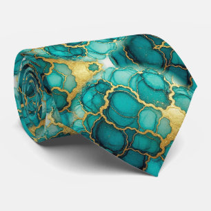 Formal Neck Tie Marble Teal Blue & Gold