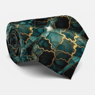 Formal Neck Tie Marble Teal Blue & Gold