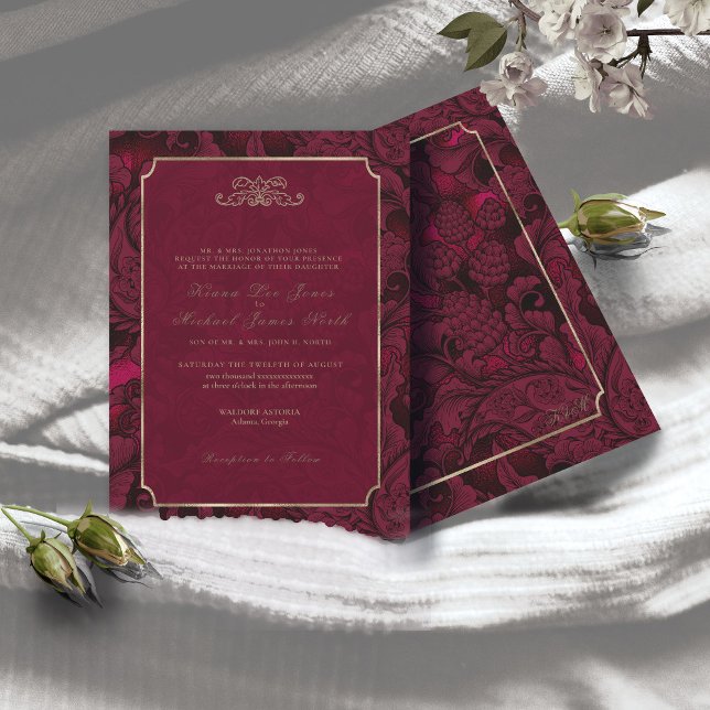Formal Paisley Wedding Burgundy ID767 Invitation (Creator Uploaded)