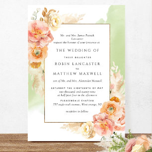 Formal Peach Blush Floral Green Watercolor Wedding Invitation