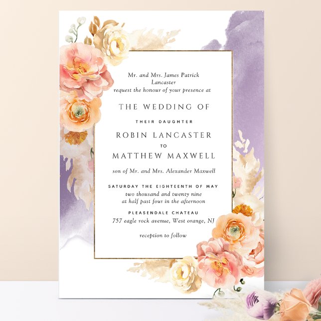 Formal Peach, Blush, Lavender Watercolor Wedding Invitation (Creator Uploaded)