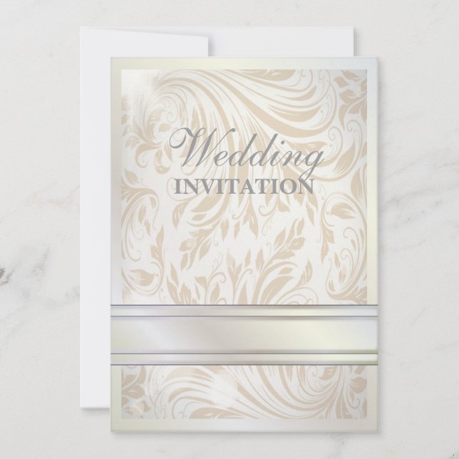Formal Pearl White Damask Wedding Invitation (Front)