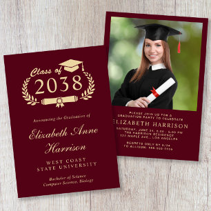 Formal Photo Gold Script Burgundy Graduation Party Invitation