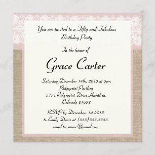 Formal Pink Burlap Lace Birthday Invitation