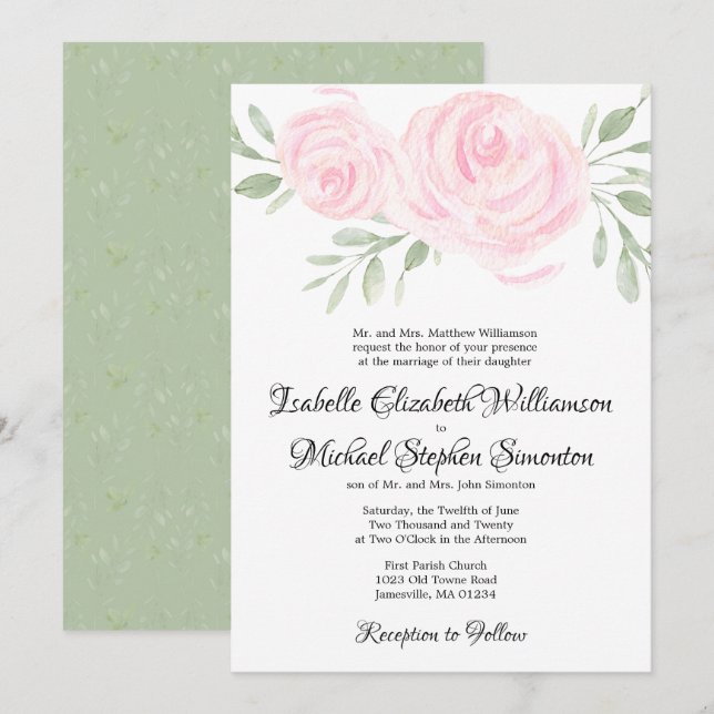 Formal Pink Watercolor Floral Wedding Invitations (Front/Back)