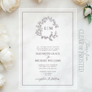 Formal Plum Purple Leafy Crest Monogram Wedding Acrylic Invitations