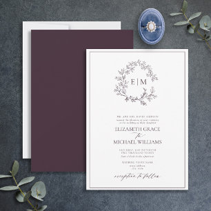 Formal Plum Purple Leafy Crest Monogram Wedding Invitation