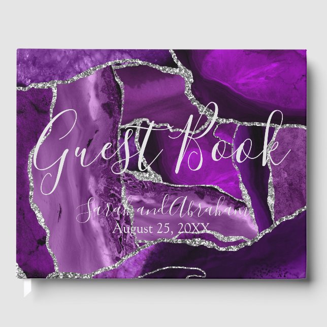 Formal Purple Agate Silver Faux Glitter Wedding Guest Book (Front)