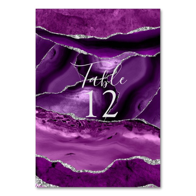 Formal Purple Agate Silver Glitter Table Card (Front)