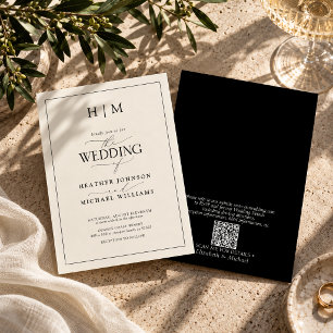 Formal QR Code Black Ivory Monogram Script Wedding Invitation