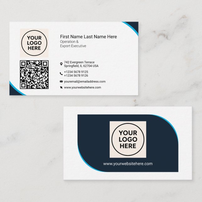 Formal QR Professional Modern Navy Blue Corporate  Business Card (Front/Back)
