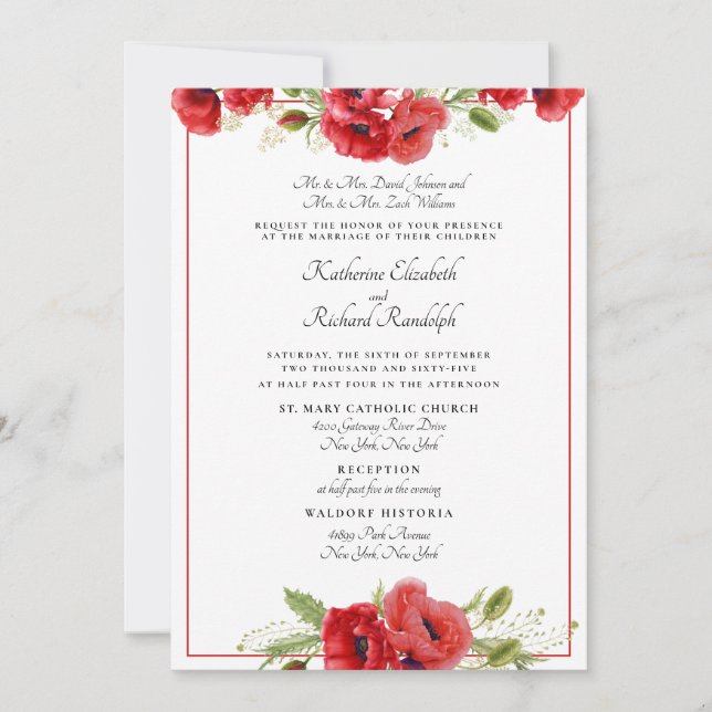 Formal Red  Floral 2 Venues Wedding Invitation (Front)