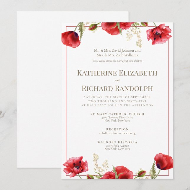Formal Red Floral Red & White Wedding Invitation (Front/Back)