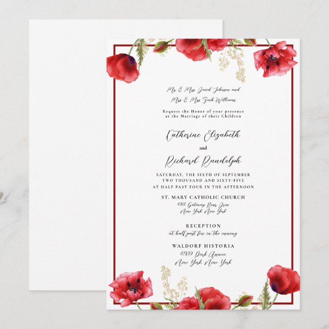 Formal Red Floral Red & White Wedding Invitation (Front/Back)
