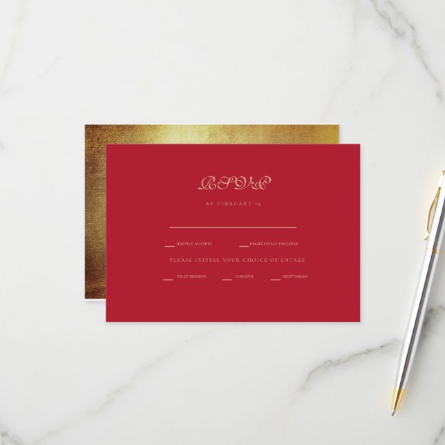 Formal Red & Gold Ethnic Wedding RSVP Card (Front/Back In Situ)