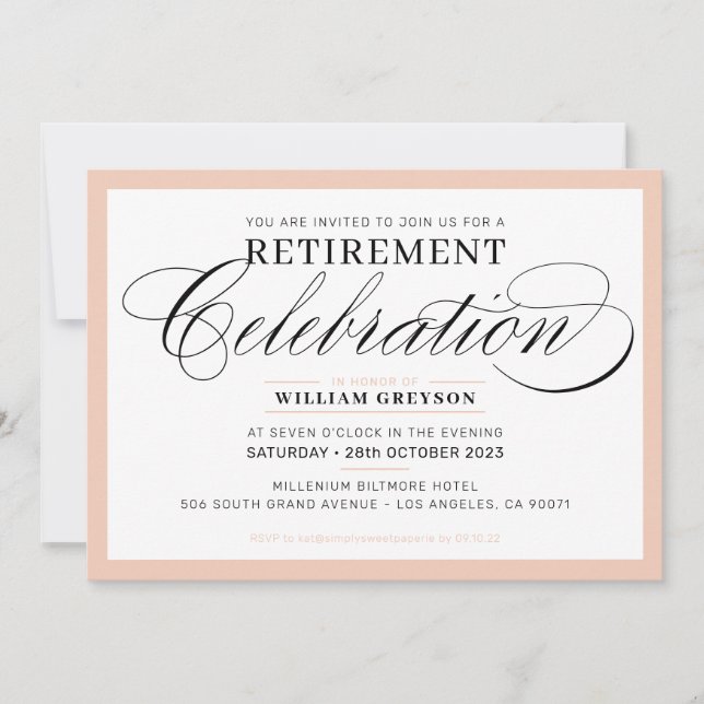 FORMAL RETIREMENT PARTY modern fancy blush pink Invitation (Front)