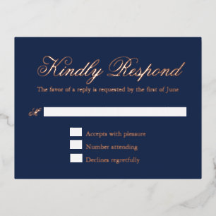 Formal Rose Gold Foil Navy Blue Wedding RSVP Card