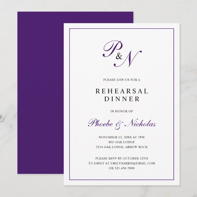 Formal Royal Purple Monogram Rehearsal Dinner Invitation (Front/Back)