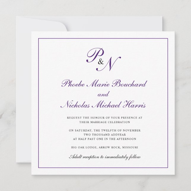 Formal Royal Purple Monogram Square Wedding Invitation (Front)