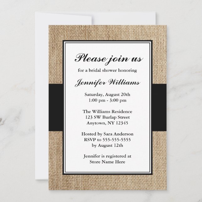 Formal Rustic Burlap Black Bridal Shower Invitation (Front)