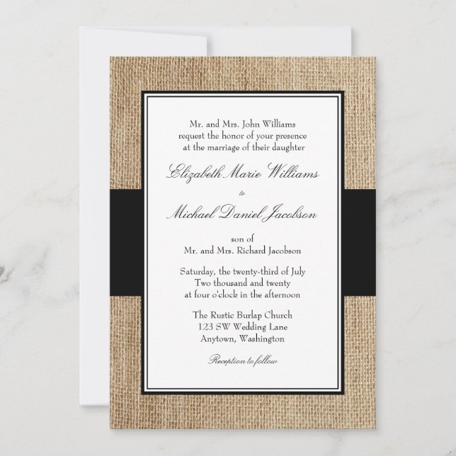 Formal Rustic Burlap Black Wedding Invitations (Front)