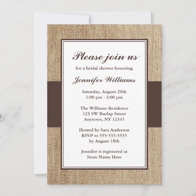 Formal Rustic Burlap Brown Bridal Shower Invitation (Front)