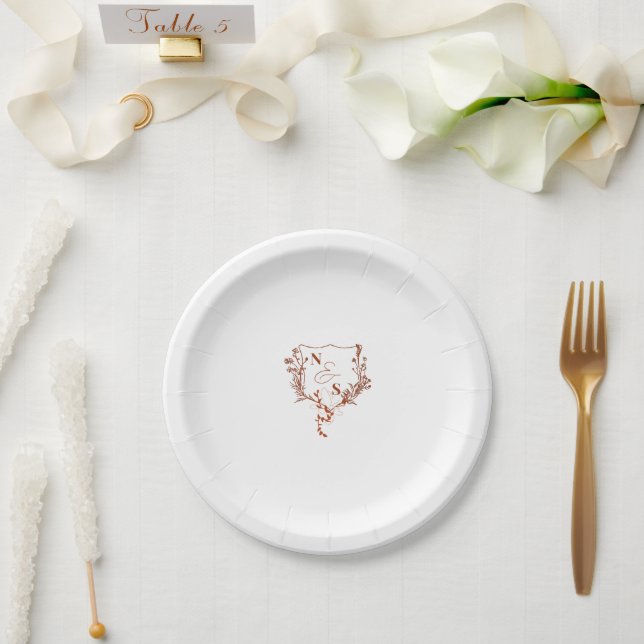 Formal Rustic Floral Crest Monogram Wedding Paper Plate (Wedding)