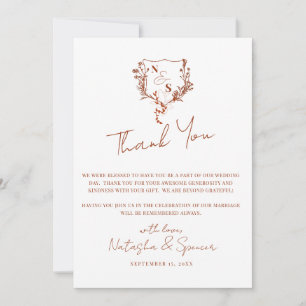 Formal Rustic Floral Crest Monogram Wedding  Thank You Card