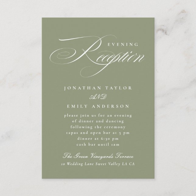 Formal Sage Green Calligraphy Wedding Reception Enclosure Card (Front)