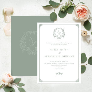 Formal Sage Green Crest Monogram Wedding Invitation
