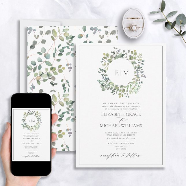 Formal Sage Green Eucalyptus Wreath Monogram Invitation (Creator Uploaded)