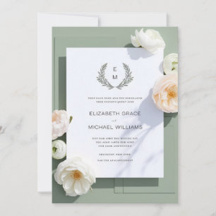 Formal Sage Green Leafy Crest Monogram Wedding Inv Invitation