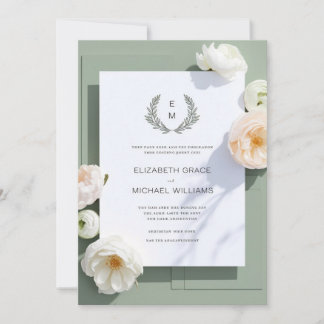 Formal Sage Green Leafy Crest Monogram Wedding Inv Invitation