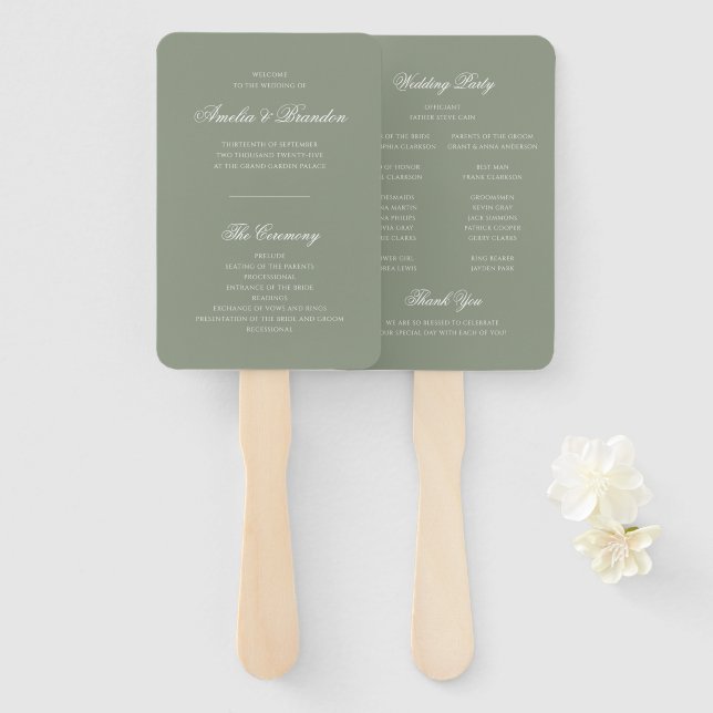 Formal Sage Green & White Script Wedding Program Hand Fan (Front and Back)