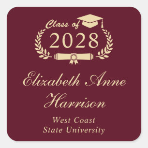 Formal Script Burgundy Red Gold Graduation Square Sticker