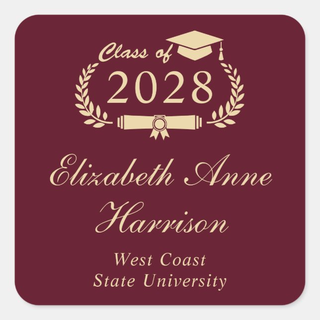 Formal Script Burgundy Red Gold Graduation Square Sticker (Front)