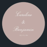 Formal Script Elegant Wedding Custom Dusty Mauve Classic Round Sticker<br><div class="desc">Add a sophisticated touch to your wedding favours or stationery with this Stylish Formal Classic Traditional Script Wedding Invitation Custom Classic Round Sticker. Featuring a dusty mauve background with elegant white script, this timeless design exudes formal elegance and grace. Perfect for sealing envelopes or adding a personal detail to your...</div>