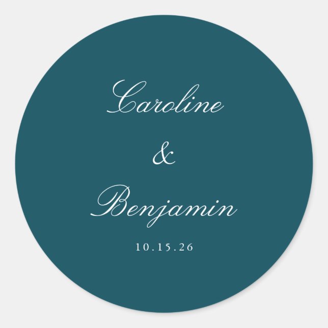 Formal Script Elegant Wedding Custom Teal Classic Round Sticker (Front)